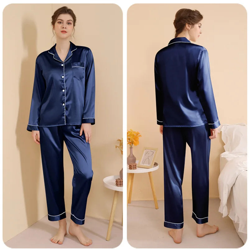 Plus Size Autumn and Winter Silk Pajamas Women Tops and Pants Solid Casual Soft Nightwear Buttons Cardigan Sleepwear Homewear