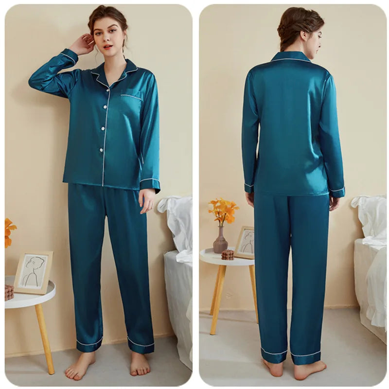 Plus Size Autumn and Winter Silk Pajamas Women Tops and Pants Solid Casual Soft Nightwear Buttons Cardigan Sleepwear Homewear