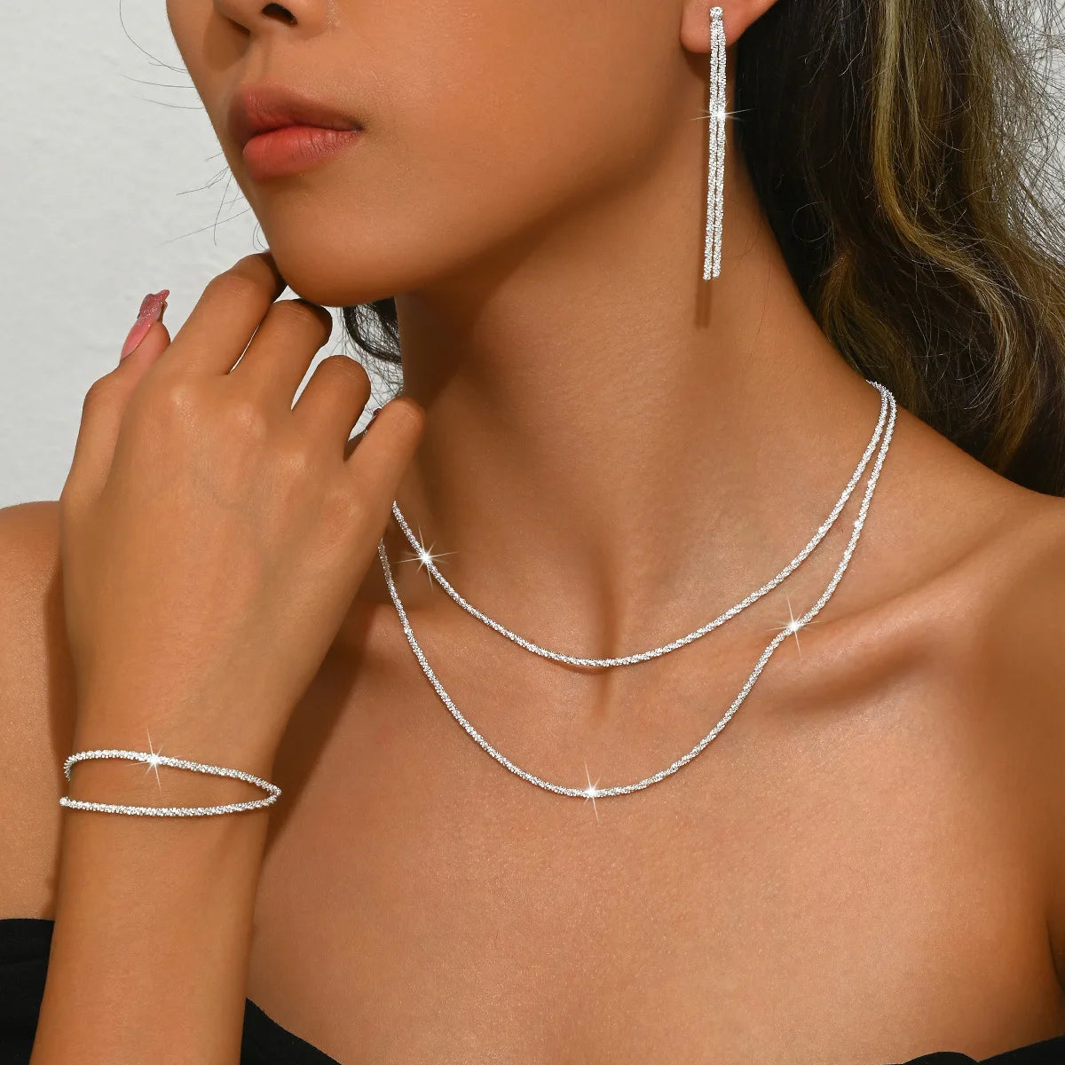 Set of Shiny Silver Plated Collarbone Chain Necklace Bracelet Jewelry, Women's Minimalist Starry Sky Accessories