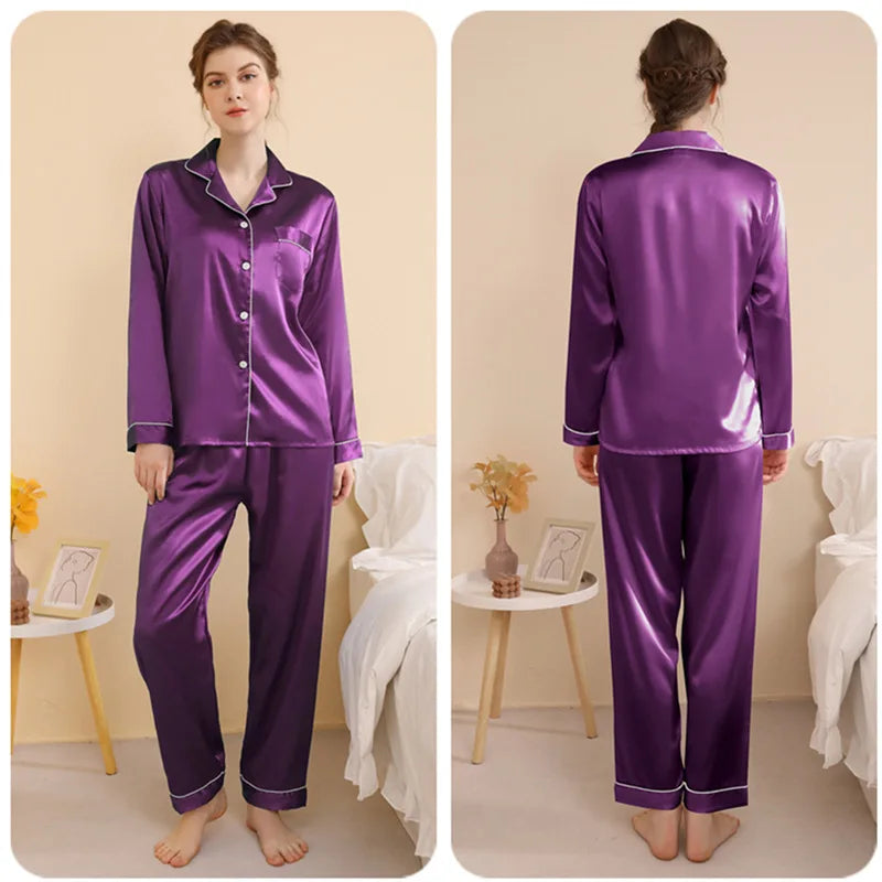 Plus Size Autumn and Winter Silk Pajamas Women Tops and Pants Solid Casual Soft Nightwear Buttons Cardigan Sleepwear Homewear