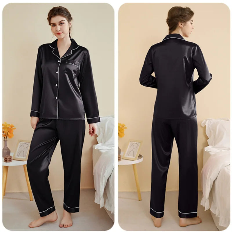 Plus Size Autumn and Winter Silk Pajamas Women Tops and Pants Solid Casual Soft Nightwear Buttons Cardigan Sleepwear Homewear