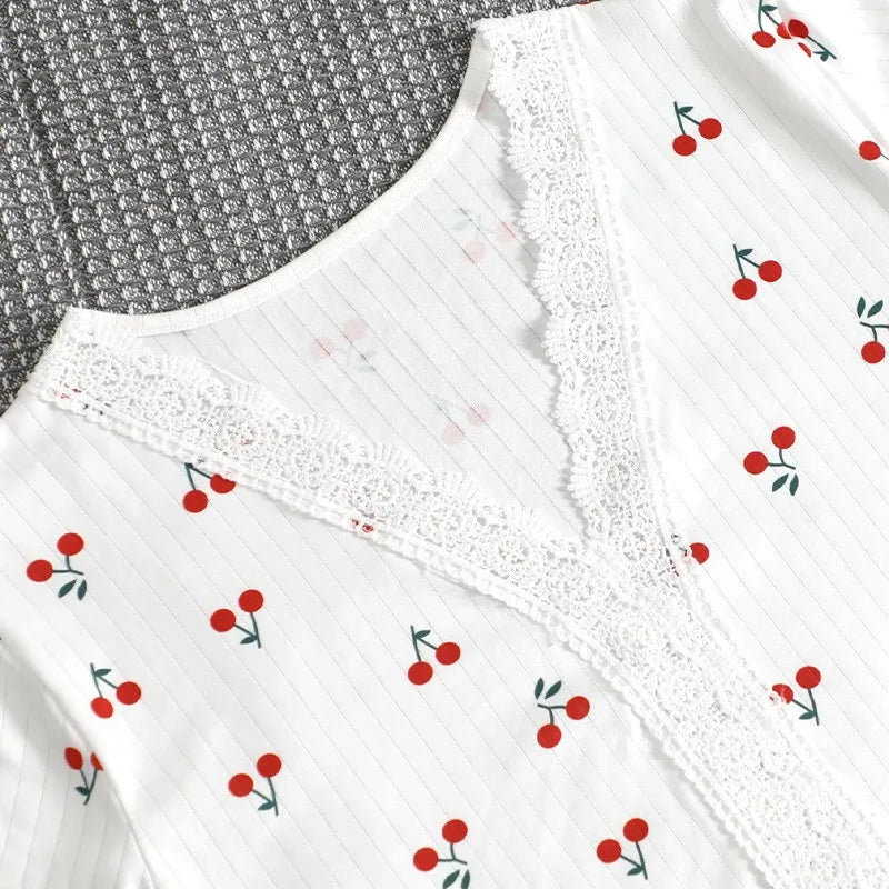 Women's Summer Fall V-neck Lace Cherry Print Pajama Set Slim Fit Short Sleeve Shorts & Pants Home Loungewear