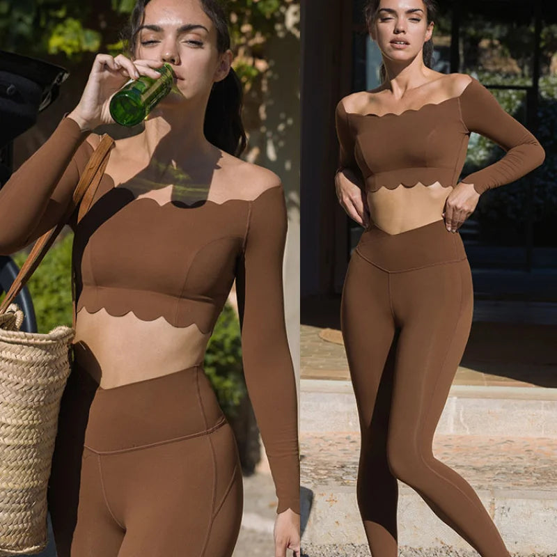 FUBEIKE Off-Shoulder Shell Yoga Long Sleeve Sports For Women Lace Gym Top With Chest Pads Tops Slimming Workout Activewear