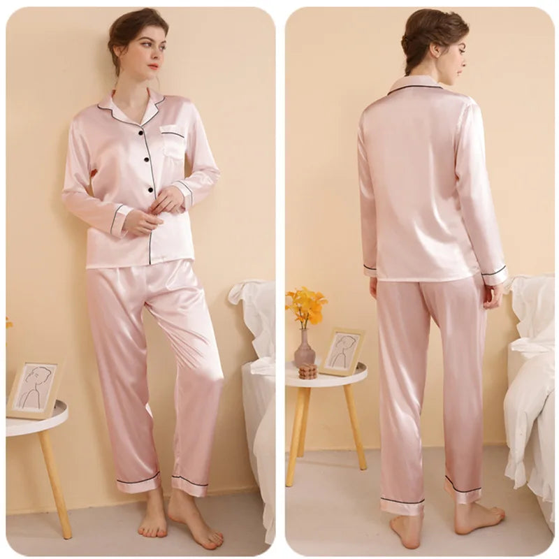 Plus Size Autumn and Winter Silk Pajamas Women Tops and Pants Solid Casual Soft Nightwear Buttons Cardigan Sleepwear Homewear