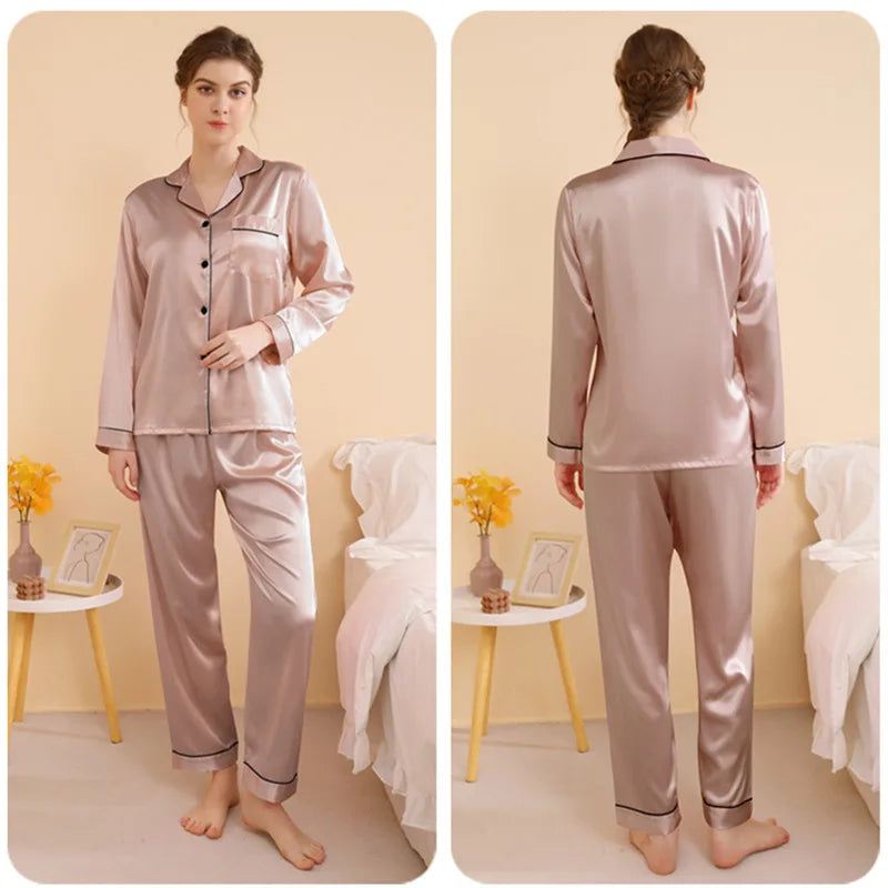 Plus Size Autumn and Winter Silk Pajamas Women Tops and Pants Solid Casual Soft Nightwear Buttons Cardigan Sleepwear Homewear