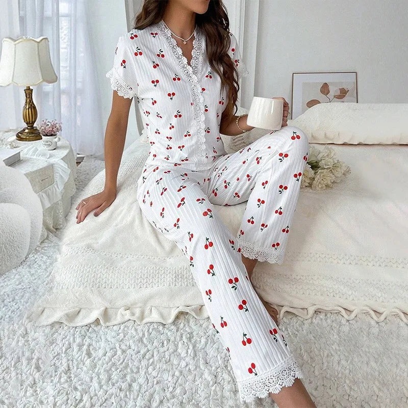 Women's Summer Fall V-neck Lace Cherry Print Pajama Set Slim Fit Short Sleeve Shorts & Pants Home Loungewear