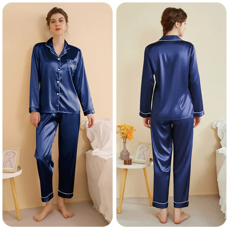 Plus Size Autumn and Winter Silk Pajamas Women Tops and Pants Solid Casual Soft Nightwear Buttons Cardigan Sleepwear Homewear