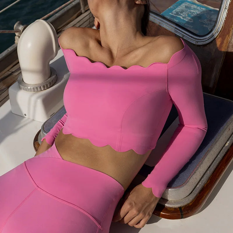 FUBEIKE Off-Shoulder Shell Yoga Long Sleeve Sports For Women Lace Gym Top With Chest Pads Tops Slimming Workout Activewear