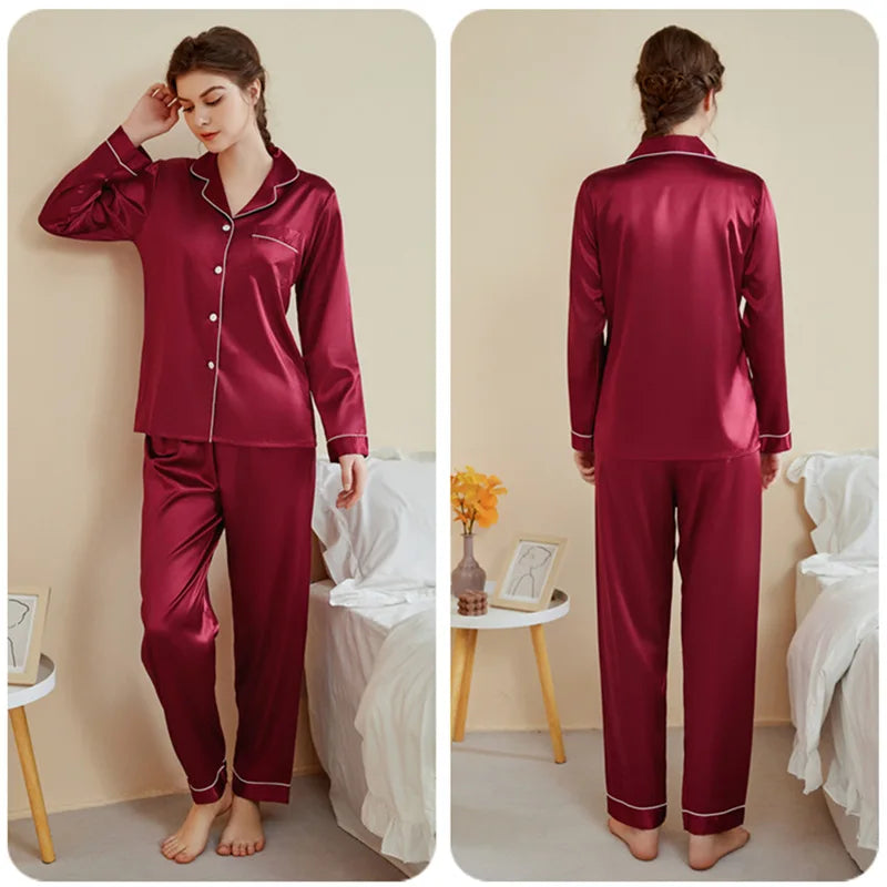 Plus Size Autumn and Winter Silk Pajamas Women Tops and Pants Solid Casual Soft Nightwear Buttons Cardigan Sleepwear Homewear