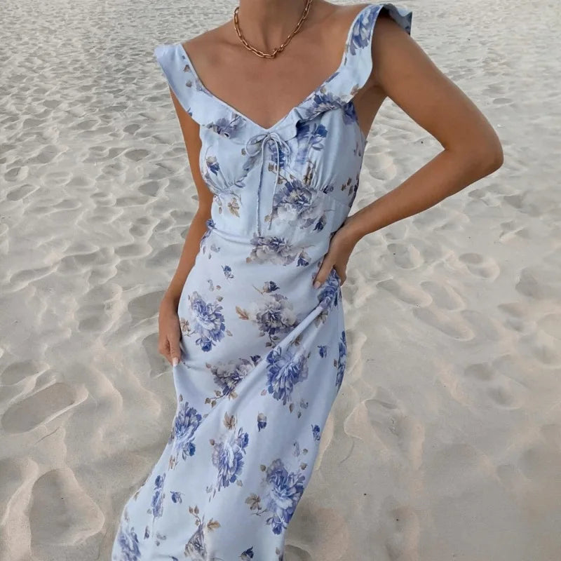 Cryptographic Summer Floral Print Plunge Maxi Dress Outfits Sexy Backless Fairy Sun Dresses Vacation Beachwear Vestido Coquette