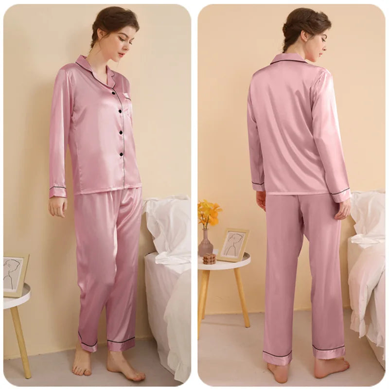 Plus Size Autumn and Winter Silk Pajamas Women Tops and Pants Solid Casual Soft Nightwear Buttons Cardigan Sleepwear Homewear