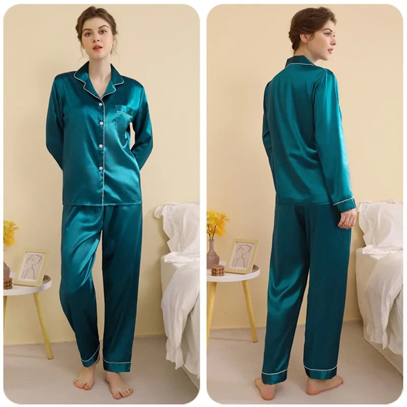 Plus Size Autumn and Winter Silk Pajamas Women Tops and Pants Solid Casual Soft Nightwear Buttons Cardigan Sleepwear Homewear