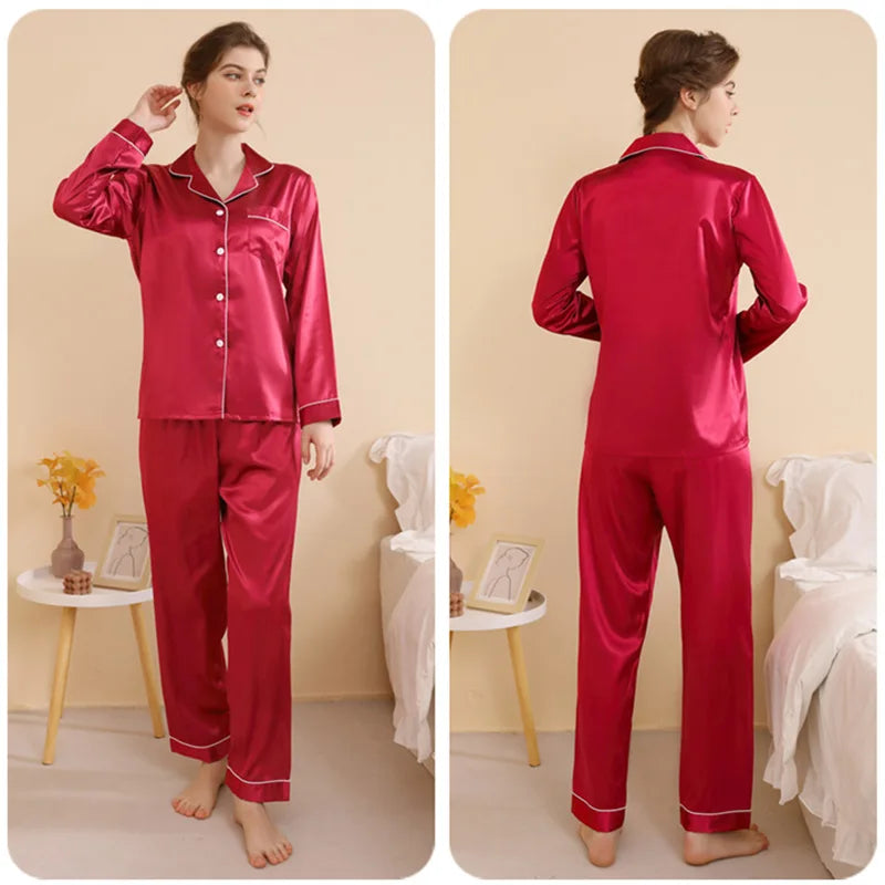 Plus Size Autumn and Winter Silk Pajamas Women Tops and Pants Solid Casual Soft Nightwear Buttons Cardigan Sleepwear Homewear